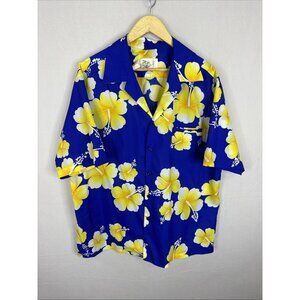 Vintage Hilo Hatties Hawaiian Shirt 2XL Blue Yellow Hibiscus Floral Aloha Hawaii